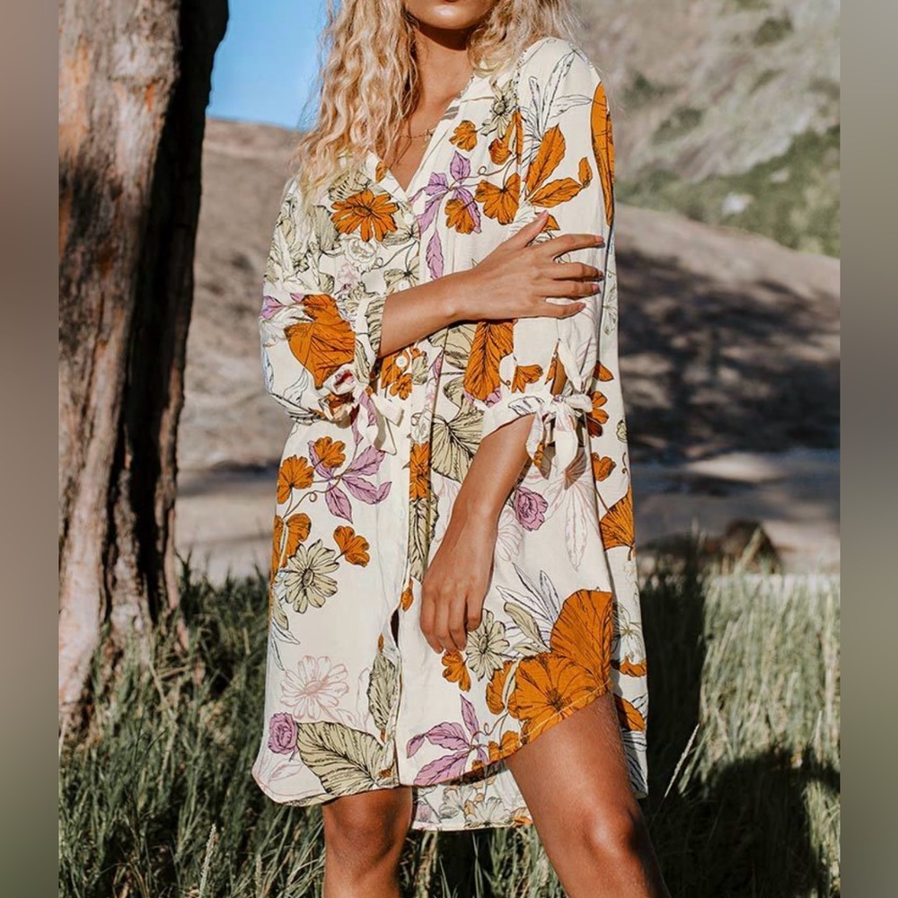 Cupshe Cream Floral Button-Front Tunic Orange & Purple Blooms